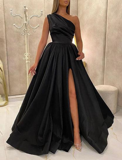 Wholesa A-Line Evening Gown Elegant Dress Wedding Guest Engagement Floor Length Sleeveless One Shoulder Satin with Pleats Slit