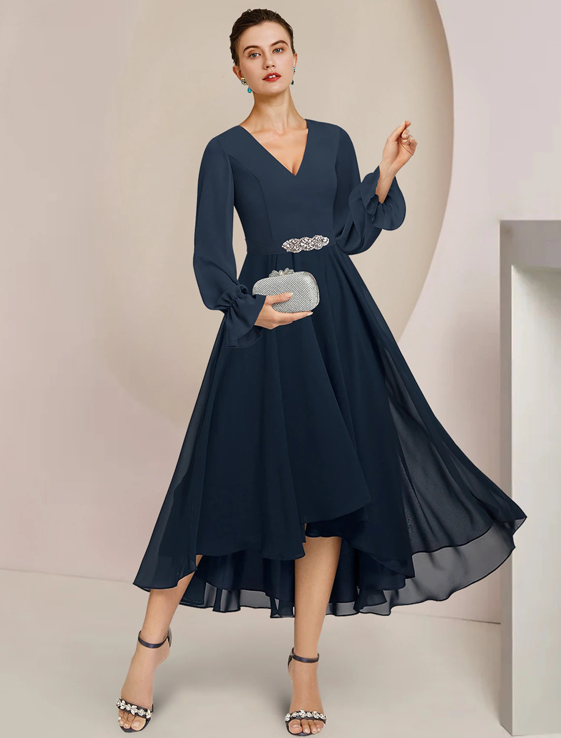 Wholesa  A-Line Mother of the Bride Dress Formal Wedding Guest Elegant High Low Scoop Neck V Neck Asymmetrical Tea Length Chiffon Long Sleeve with Crystal Brooch