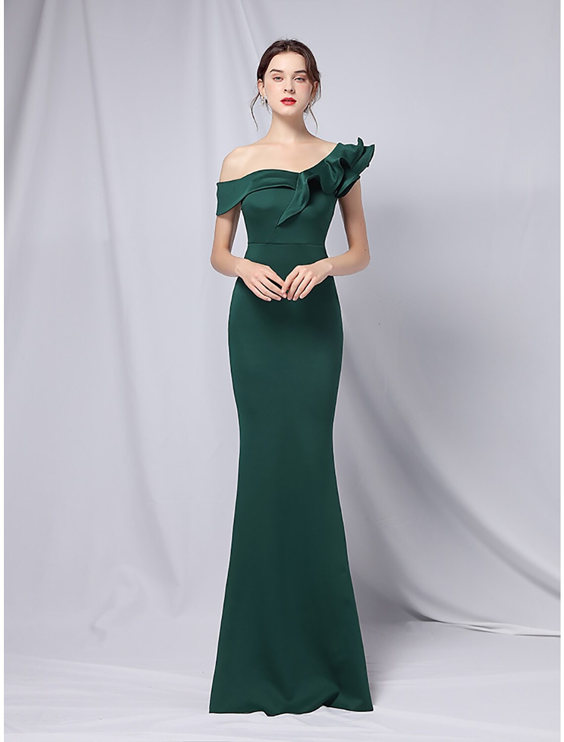 Wholesa Mermaid Party Dress Evening Gown Empire Dress Wedding Guest Formal Evening Floor Length Short Sleeve One Shoulder Stretch Satin with Ruffles