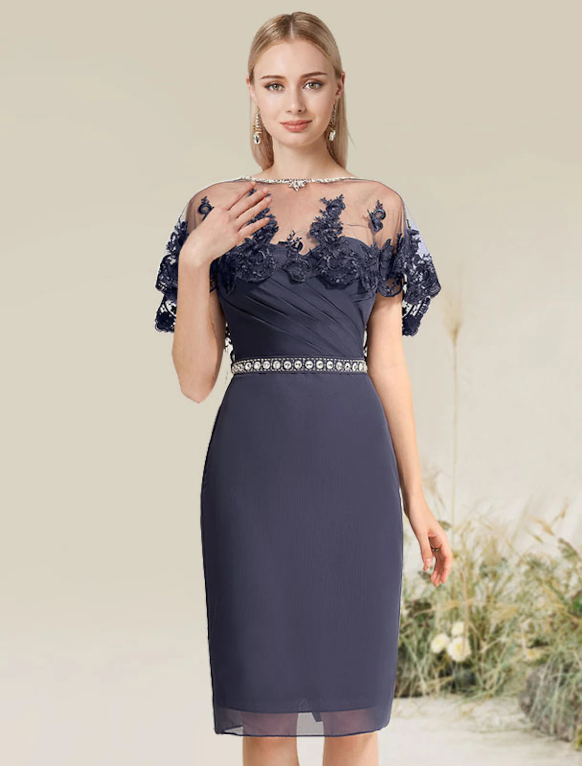 Wholesale Sheath / Column Cocktail Dresses Convertible Dress Wedding Guest Knee Length Short Sleeve Strapless Lace with Lace Insert Appliques