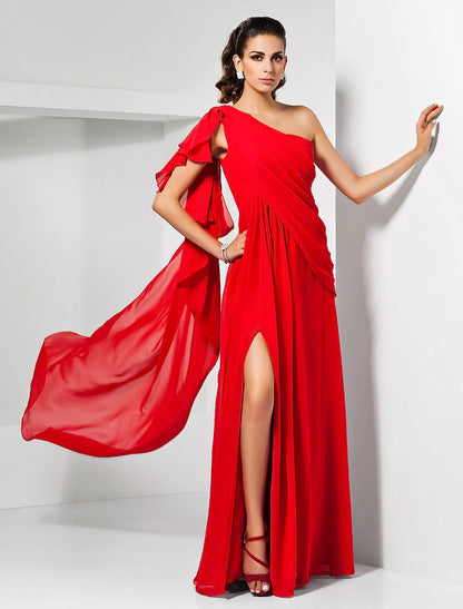 Wholesa  Sheath Christmas Red Green Dress Empire Wedding Guest Formal Evening Dress One Shoulder Sleeveless Floor Length Chiffon with Draping Slit