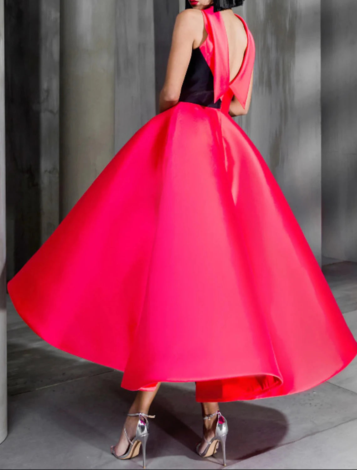 Wholesa Ball Gown Color Block Celebrity Style Elegant Prom Formal Evening Birthday Dress Red Green Dress High Neck Sleeveless Ankle Length Satin with Bow(s)