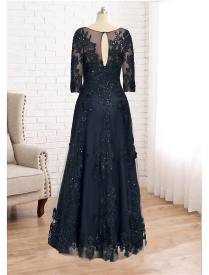 wholesale  A-Line Mother of the Bride Dress Luxurious Elegant Jewel Neck Floor Length Lace Tulle Imitated Silk 3/4 Length Sleeve with Sequin Appliques