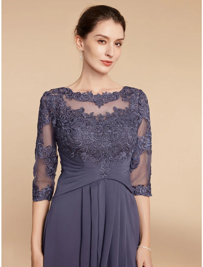 Wholesa A-Line Mother of the Bride Dress Wedding Guest Elegant Scoop Neck Ankle Length Chiffon Lace 3/4 Length Sleeve with Ruching Solid Color