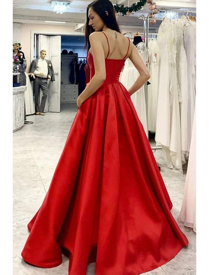 wholesale A-Line Prom Dresses Minimalist Dress Formal Floor Length Sleeveless V Neck Pocket Satin with Pleats