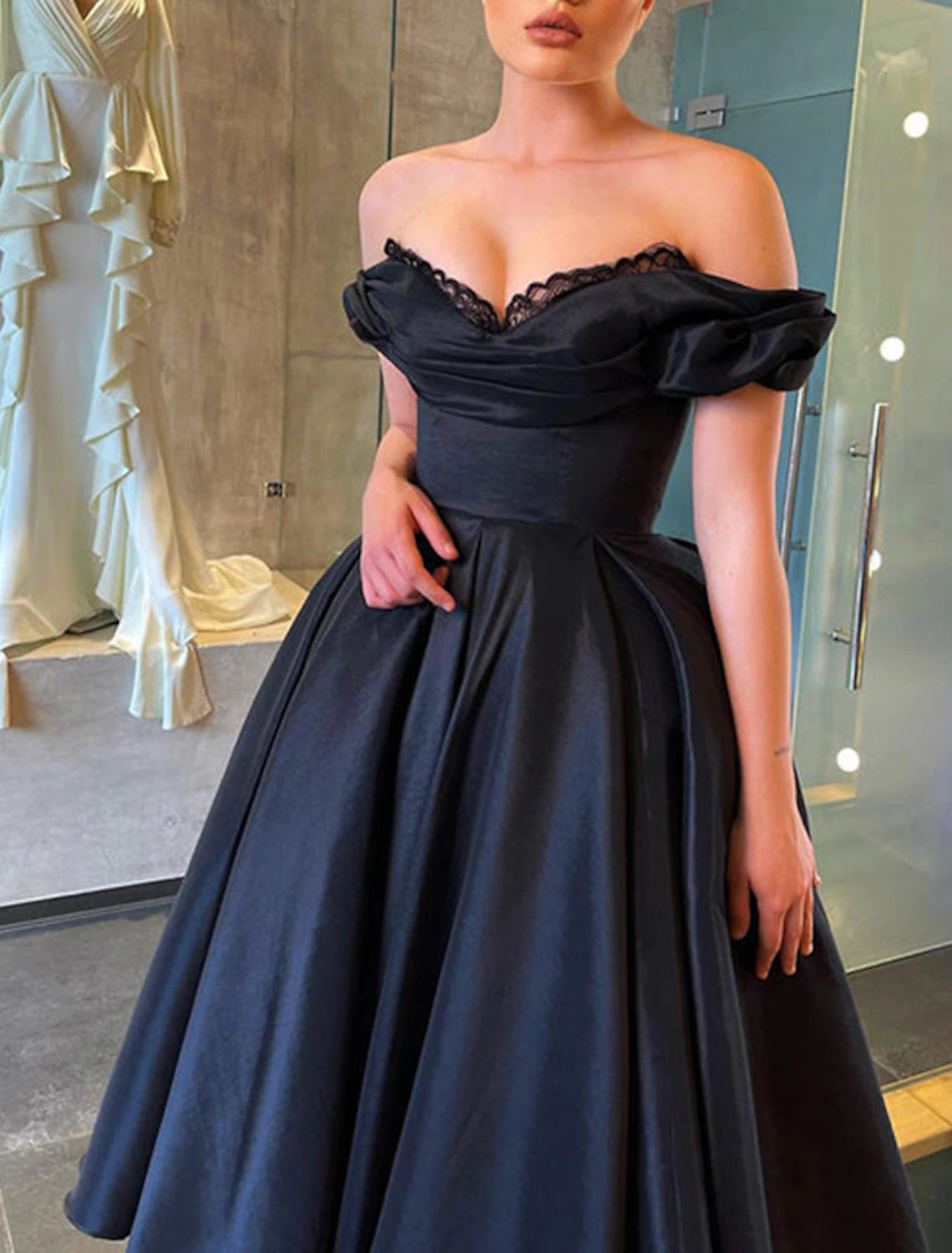 Wholesa A-Line Prom Black Dress Vintage Dress Masquerade Wedding Party Tea Length Short Sleeve Off Shoulder Fall Wedding Guest Satin with Ruched