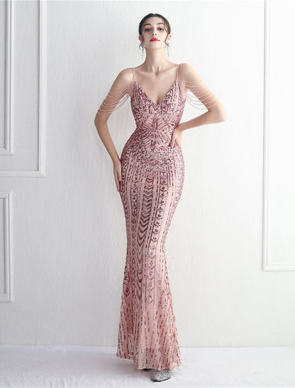 Wholesa Mermaid / Trumpet Evening Gown Sparkle & Shine Dress Formal Wedding Guest Floor Length Short Sleeve Spaghetti Strap Polyester with Beading Sequin