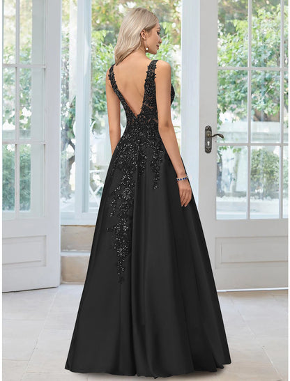 Wholesale A-Line Evening Gown Black Dress Formal Floor Length Sleeveless V Neck Lace with Appliques