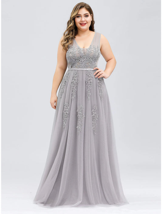 Wholesale A-Line Prom Dresses Plus Size Dress Prom Floor Length Sleeveless V Neck Tulle V Back with Beading Appliques