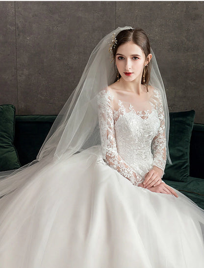 Wholesale Engagement Formal Fall Wedding Dresses Ball Gown Illusion Neck Long Sleeve Cathedral Train Lace Bridal Gowns With Pleats Appliques 2023 Summer Wedding Party