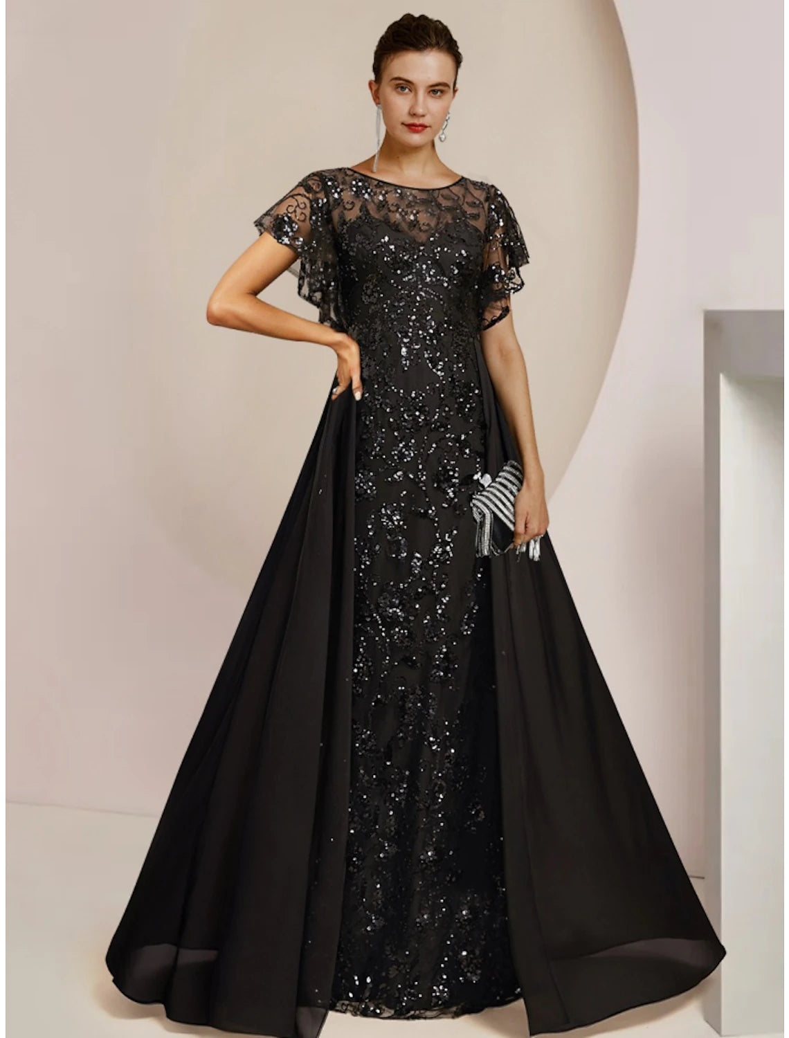 Wholesa  A-Line Mother of the Bride Dress Wedding Guest Elegant Scoop Neck Floor Length Chiffon Lace Sequined Short Sleeve with Sequin Ruching Solid Color