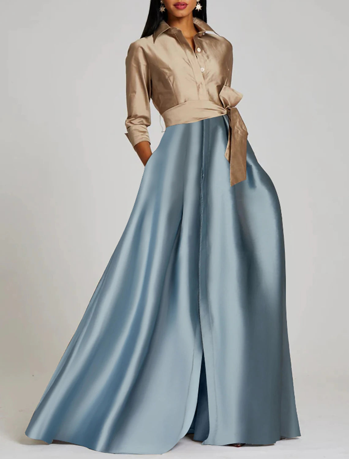 Wholesa A-Line Evening Gown Elegant Dress Formal Floor Length 3/4 Length Sleeve Shirt Collar Satin with Slit Strappy