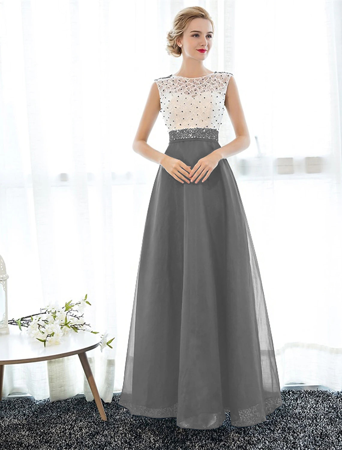 wholesale A-Line Beautiful Back Elegant Beaded & Sequin Prom Formal Evening Dress Illusion Neck Sleeveless Floor Length Tulle Over Lace with Beading