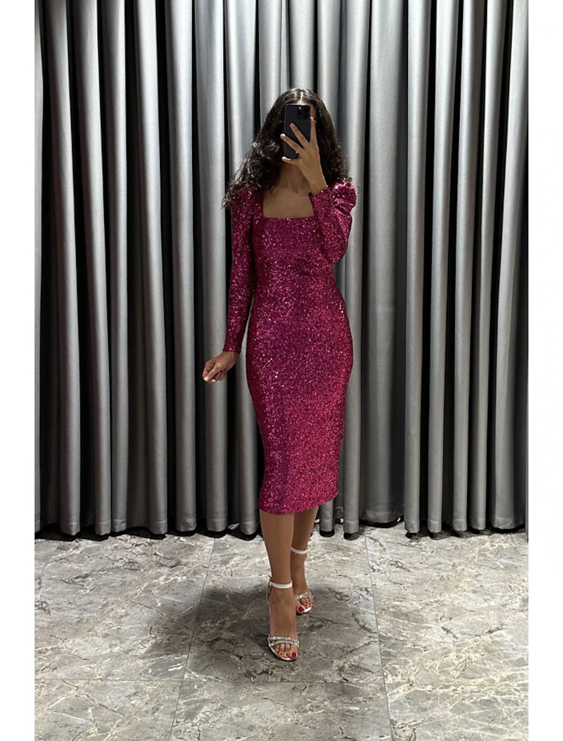 Wholesa Sheath / Column Evening Gown Elegant Black Dress Formal Fall Tea Length Long Sleeve Square Neck Sequined with Glitter Slit