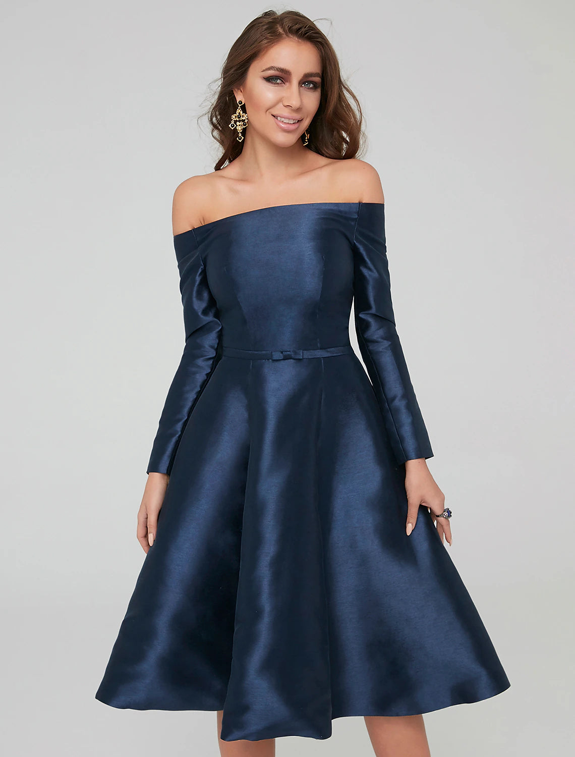 Wholesa  A-Line Special Occasion Dresses Party Dress Wedding Guest Cocktail Party Knee Length Long Sleeve Off Shoulder Satin with Pleats