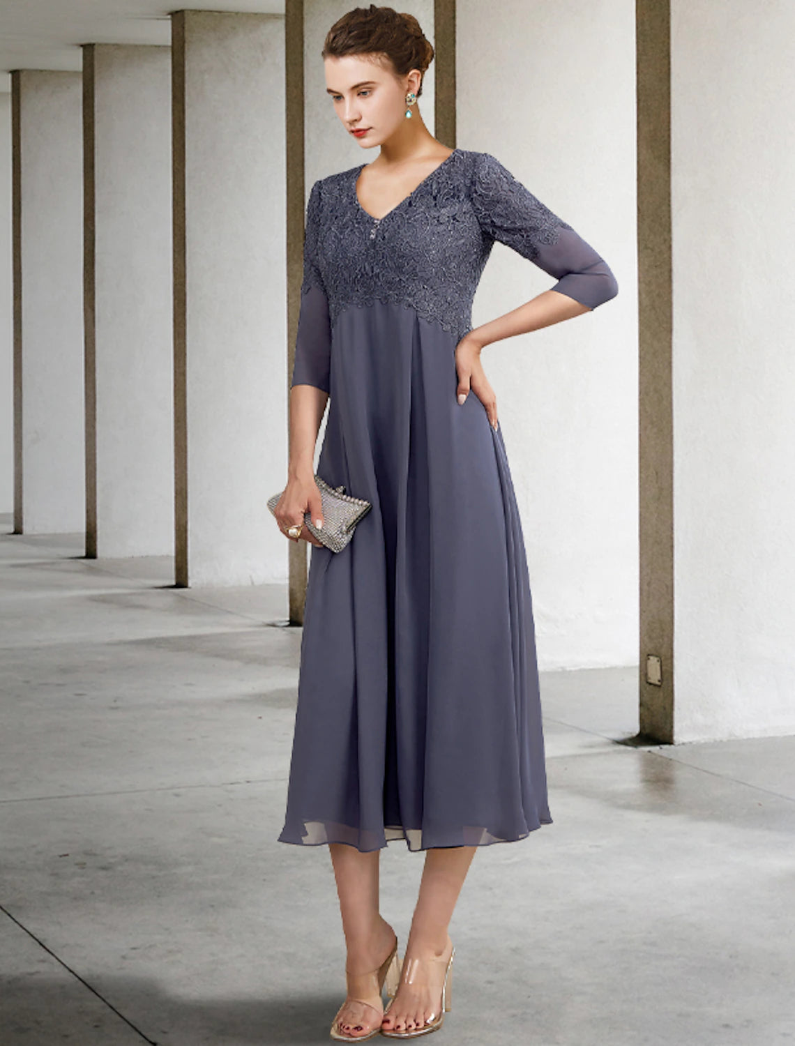 wholesale A-Line Mother of the Bride Dress Fall Wedding Guest Plus Size Elegant V Neck Tea Length Chiffon Lace 3/4 Length Sleeve with Ruffles Appliques