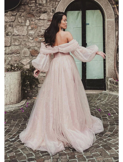 Wholesa A-Line Prom Dresses Corsets Dress Formal Wedding Party Dress Floor Length Long Sleeve Off Shoulder Tulle with Glitter Ruched Slit