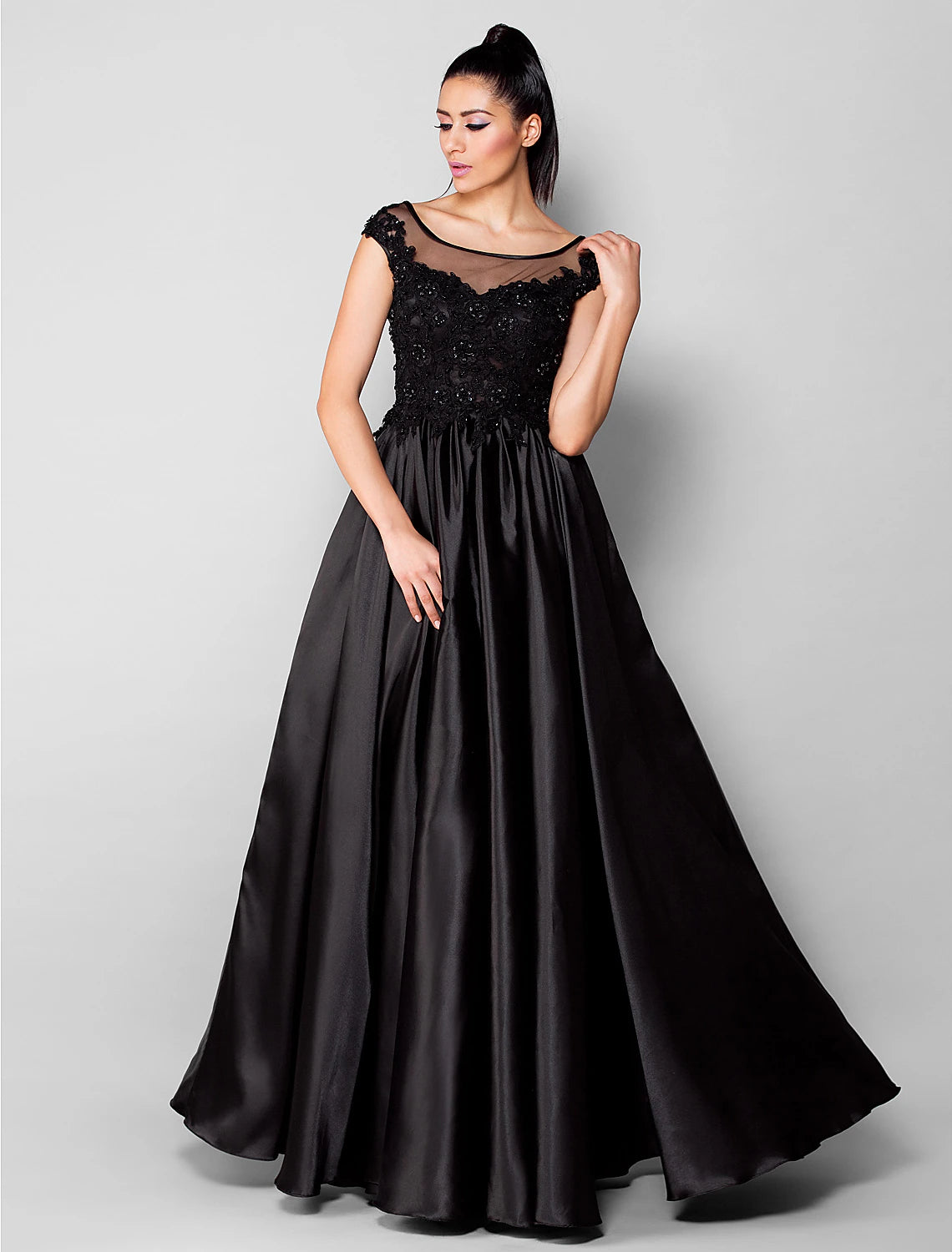 Wholesa Ball Gown Minimalist Formal Evening Dress Illusion Neck Short Sleeve Floor Length Stretch Satin with Beading Appliques