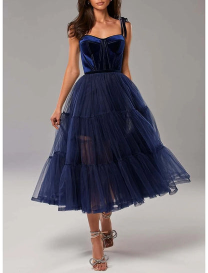 wholesale  A-Line Prom Dresses Elegant Dress Wedding Guest Tea Length Sleeveless Strapless Tulle with Pleats Pure Color