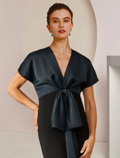 Wholesa  Sheath / Column Mother of the Bride Dress Formal Wedding Guest Party Elegant Jewel Neck Floor Length Satin Short Sleeve with Bow(s) Color Block