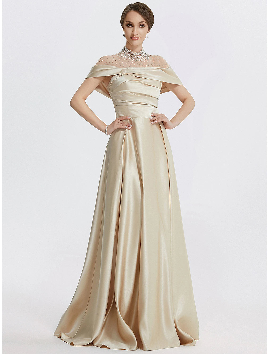 Wholesa A-Line Evening Gown Elegant Dress Formal Prom Floor Length Sleeveless High Neck Italy Satin with Ruched Pearls