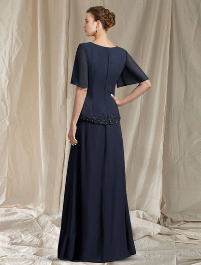 wholesale A-Line Mother of the Bride Dress Elegant Jewel Neck Floor Length Chiffon Short Sleeve with Crystals