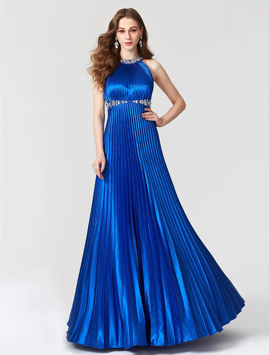 Wholesa  A-Line Beautiful Back Dress Holiday Cocktail Party Floor Length Sleeveless Jewel Neck Satin with Pleats Beading