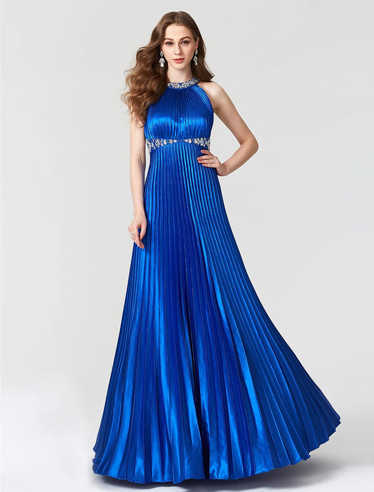 Wholesa  A-Line Beautiful Back Dress Holiday Cocktail Party Floor Length Sleeveless Jewel Neck Satin with Pleats Beading