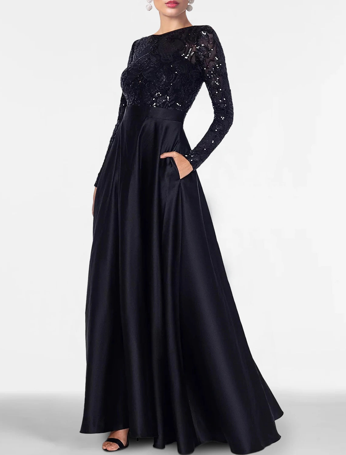 Wholesa A-Line Evening Gown Elegant Dress Formal Black Tie Floor Length Long Sleeve Off Shoulder Fall Wedding Guest Satin with Slit Pocket