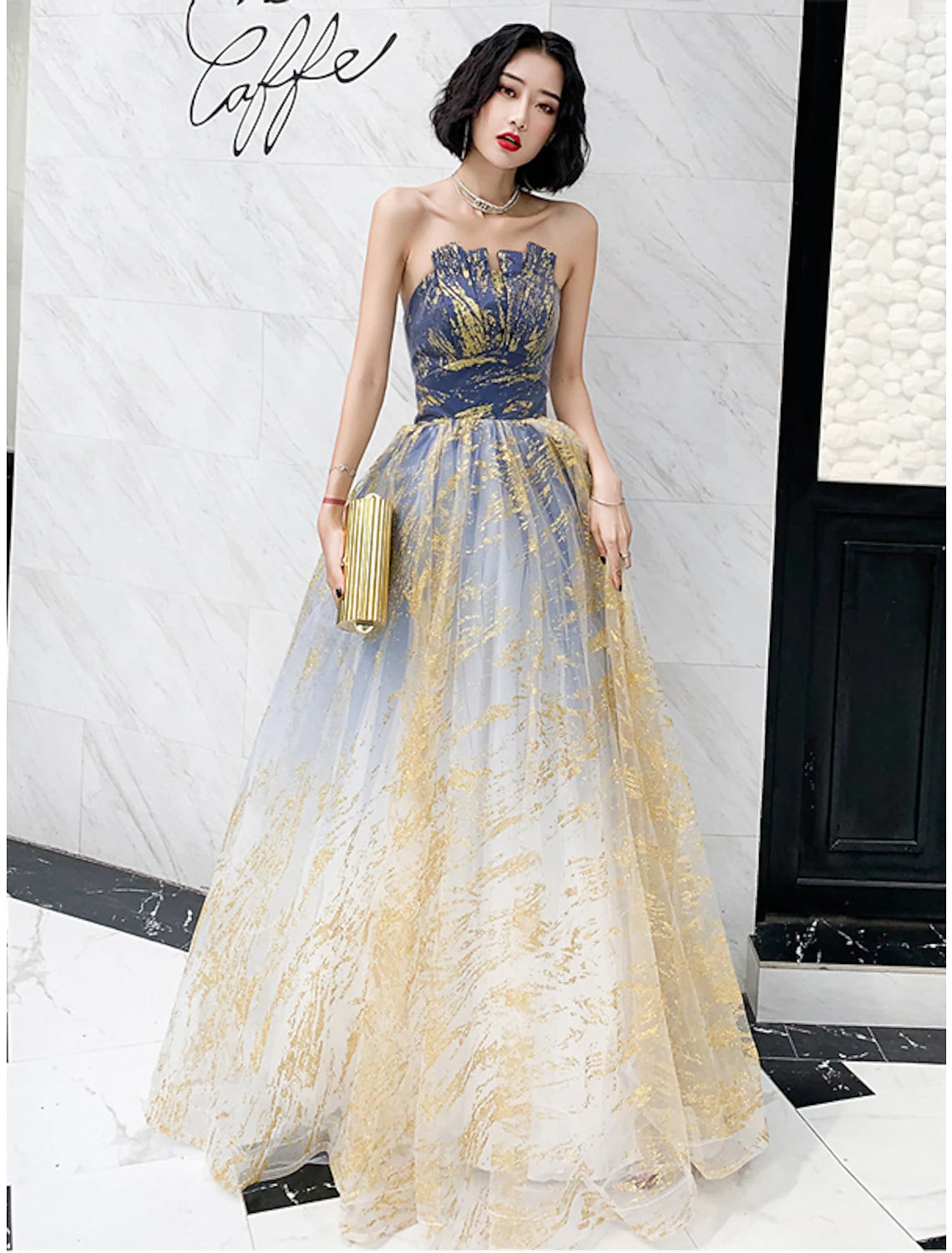 wholesale  A-Line Color Block Sparkle Engagement Prom Dress Strapless Sleeveless Floor Length Sequined with Sequin