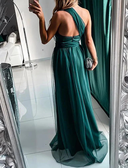 Wholesa A-Line Wedding Guest Dresses Sexy Dress Wedding Guest Prom Sweep / Brush Train Sleeveless One Shoulder Polyester with Pleats Slit