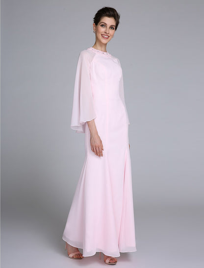 wholesale  Mermaid / Trumpet Mother of the Bride Dress Elegant Jewel Neck Ankle Length Chiffon Long Sleeve No with Beading