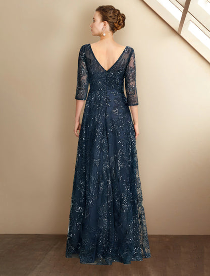 wholesale  A-Line Mother of the Bride Dress Elegant Sparkle & Shine V Neck Floor Length Chiffon Lace Sequined 3/4 Length Sleeve with Sequin Appliques