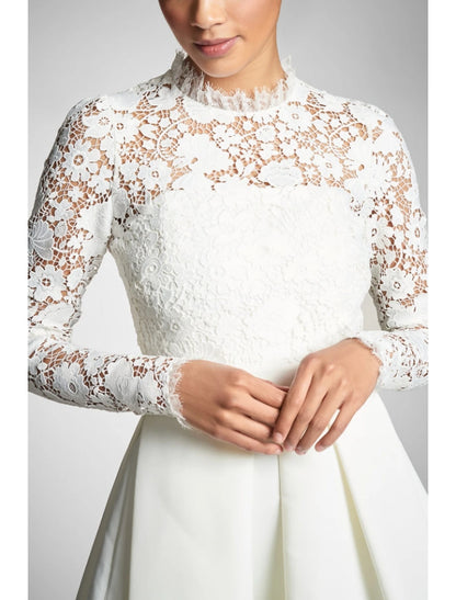 Wholesa Lace A-Line Cocktail White Black Dresses Sexy Dress Party Wear Fall Tea Length Long Sleeve High Neck Stretch Fabric with Pleat