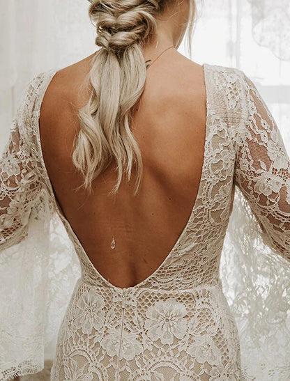 Wholesale Beach Boho Wedding Dresses Mermaid / Trumpet V Neck Long Sleeve Court Train Lace Bridal Gowns With Appliques Solid Color Summer Wedding Party