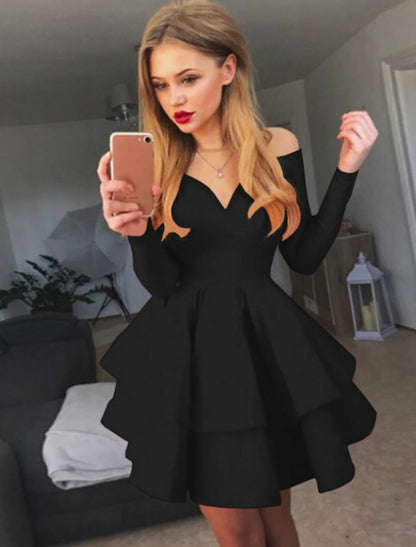 wholesale  A-line Ruched Homecming Dresses Black Red White Long Sleeve Layered Tiered Short Dress Spring Summer Off Shoulder Hot Cocktail Party