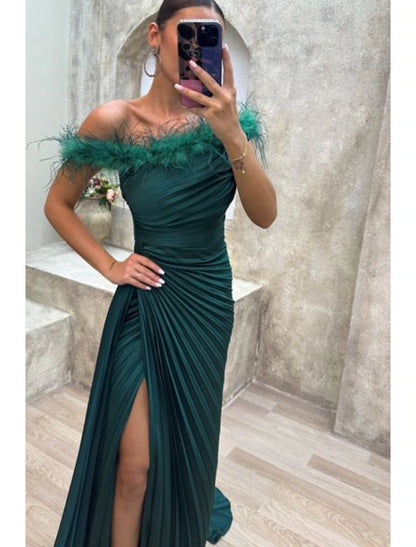 Wholesa A-Line Evening Gown High Split Dress Formal Fall Sweep / Brush Train Sleeveless Off Shoulder Satin with Feather Pleats Slit