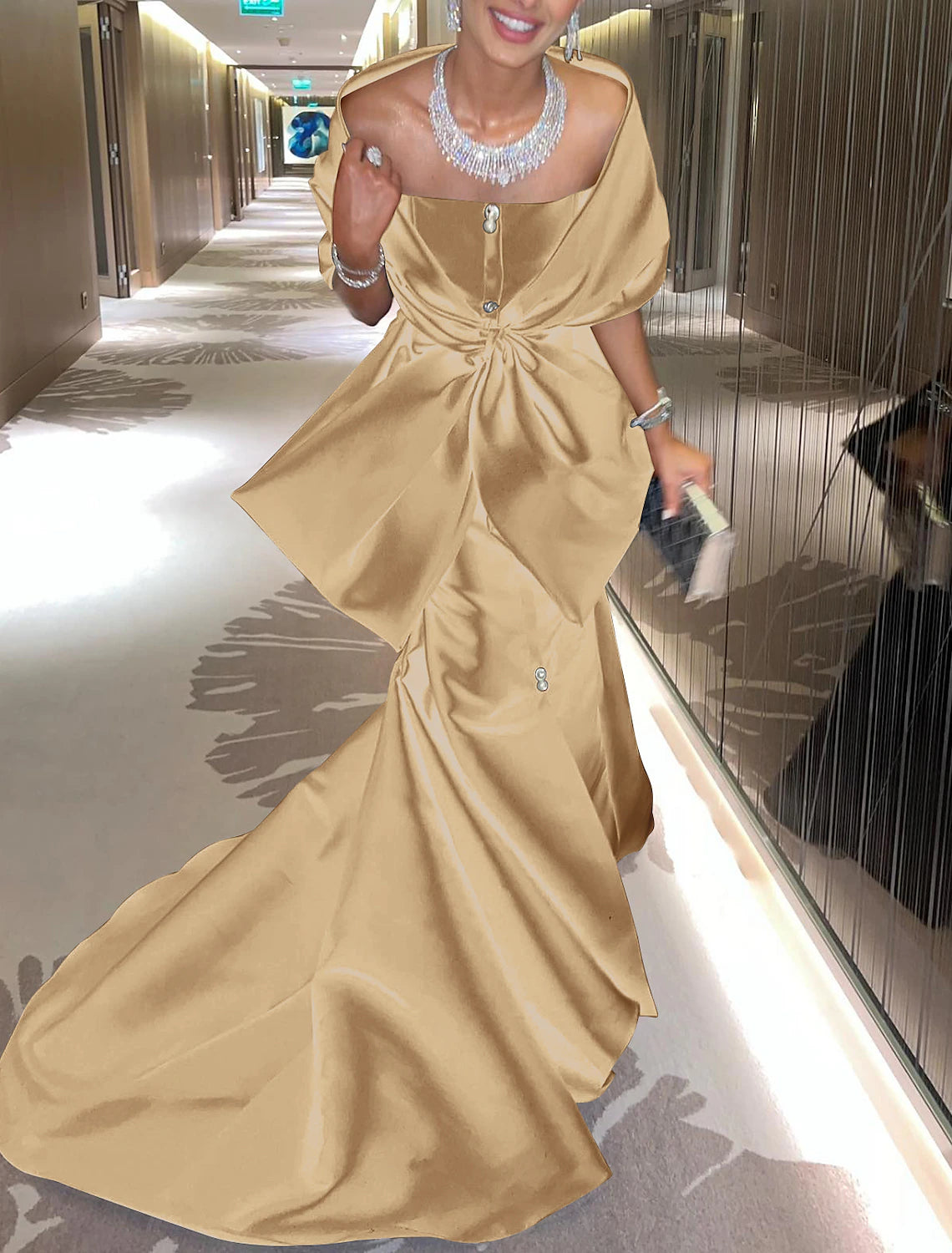 Wholesa Mermaid / Trumpet Evening Gown Elegant Dress Formal Court Train Half Sleeve Off Shoulder Satin with Bow(s) Slit