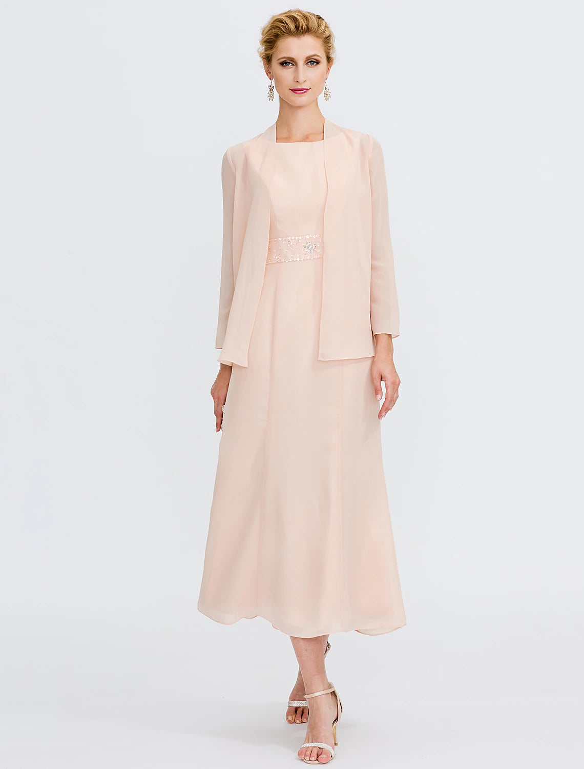 Wholesa  Two Piece Sheath / Column Mother of the Bride Dress Wedding Guest Plus Size Elegant with Jacket Long Sleeve Scoop Neck Tea Length Chiffon Sash / Ribbon Pleats Beadin