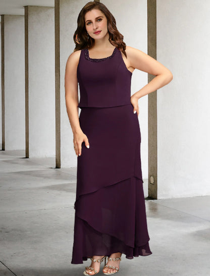 Wholesa  Two Piece A-Line Mother of the Bride Dresses Plus Size Hide Belly Curve Elegant Dress Formal Ankle Length Sleeveless Square Neck Chiffon with Beading Ruffles