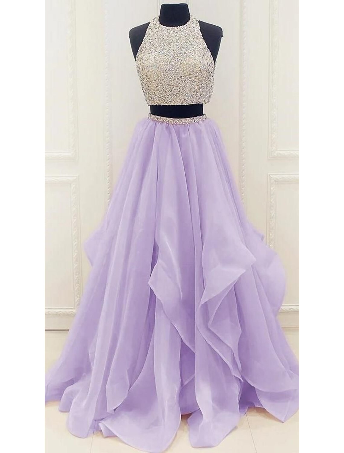 wholesale  Two Piece Ball Gown Prom Dresses Sparkle & Shine Dress Party Wear Floor Length Sleeveless Halter Organza with Sequin