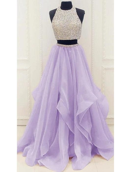 wholesale  Two Piece Ball Gown Prom Dresses Sparkle & Shine Dress Party Wear Floor Length Sleeveless Halter Organza with Sequin