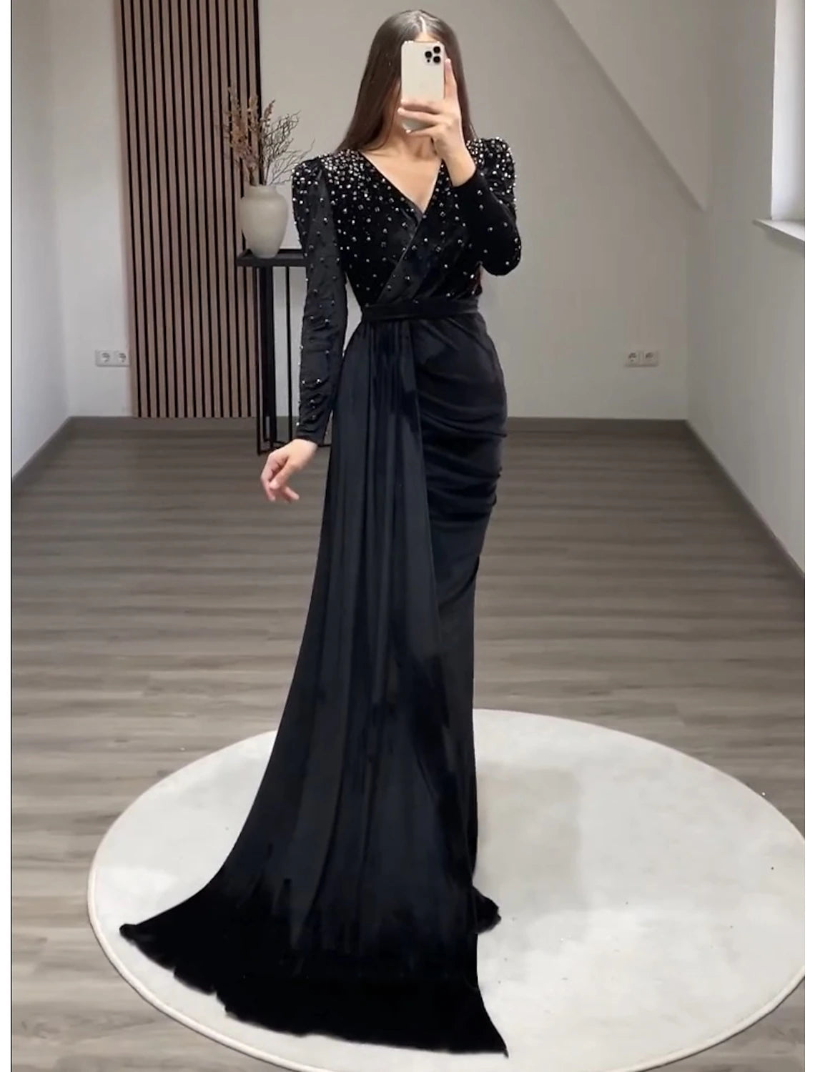 Wholesa Mermaid Party Dress Evening Gown Maxi Dress Formal Black Tie Gala Floor Length Long Sleeve V Neck Fall Wedding Guest Velvet with Ruched Pearls