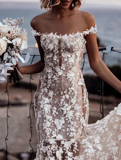 Wholesa Beach Boho Wedding Dresses Mermaid / Trumpet Off Shoulder Cap Sleeve Court Train Lace Bridal Gowns With Appliques Solid Color