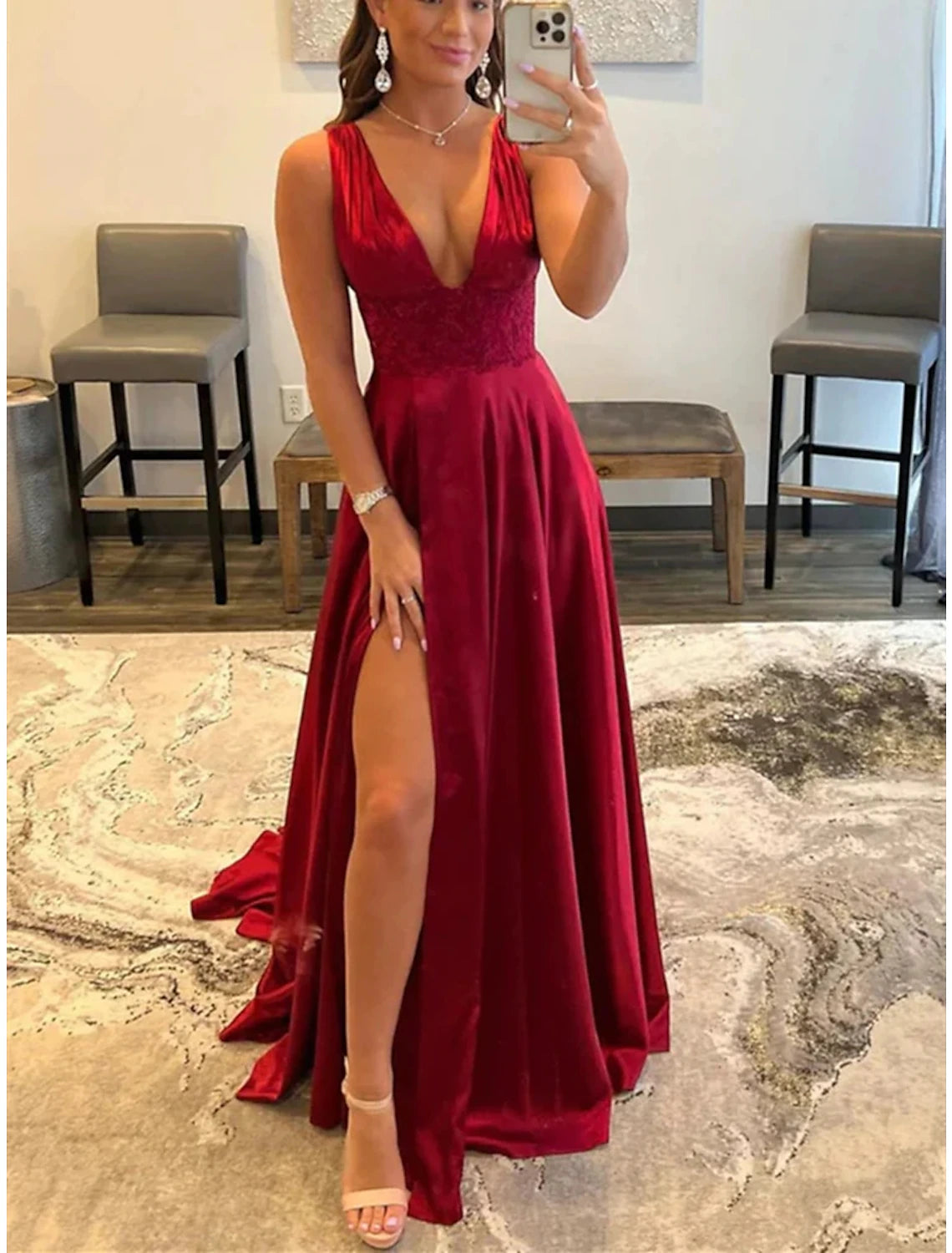 wholesale  A-Line Prom Dresses Empire Dress Formal Court Train Sleeveless Scoop Neck Lace Backless with Slit