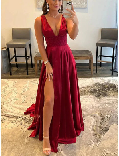 wholesale  A-Line Prom Dresses Empire Dress Formal Court Train Sleeveless Scoop Neck Lace Backless with Slit