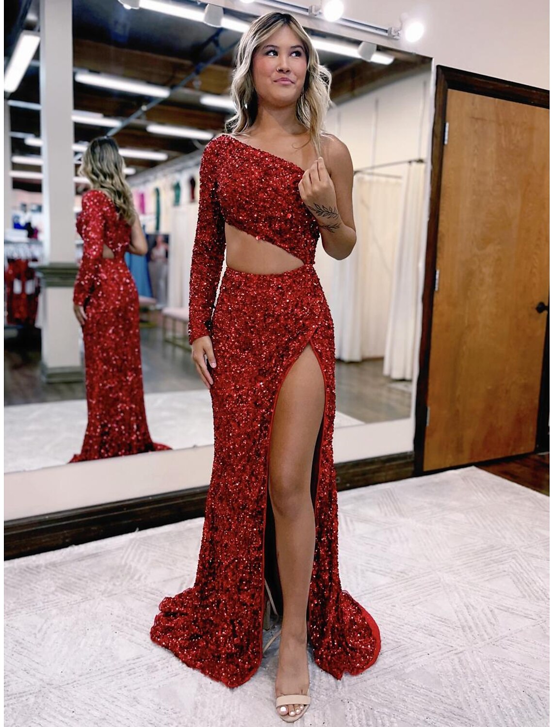 Wholesa Mermaid / Trumpet Prom Dresses Sparkle & Shine Dress Formal Wedding Party Court Train Long Sleeve One Shoulder Sequined Backless with Sequin Slit