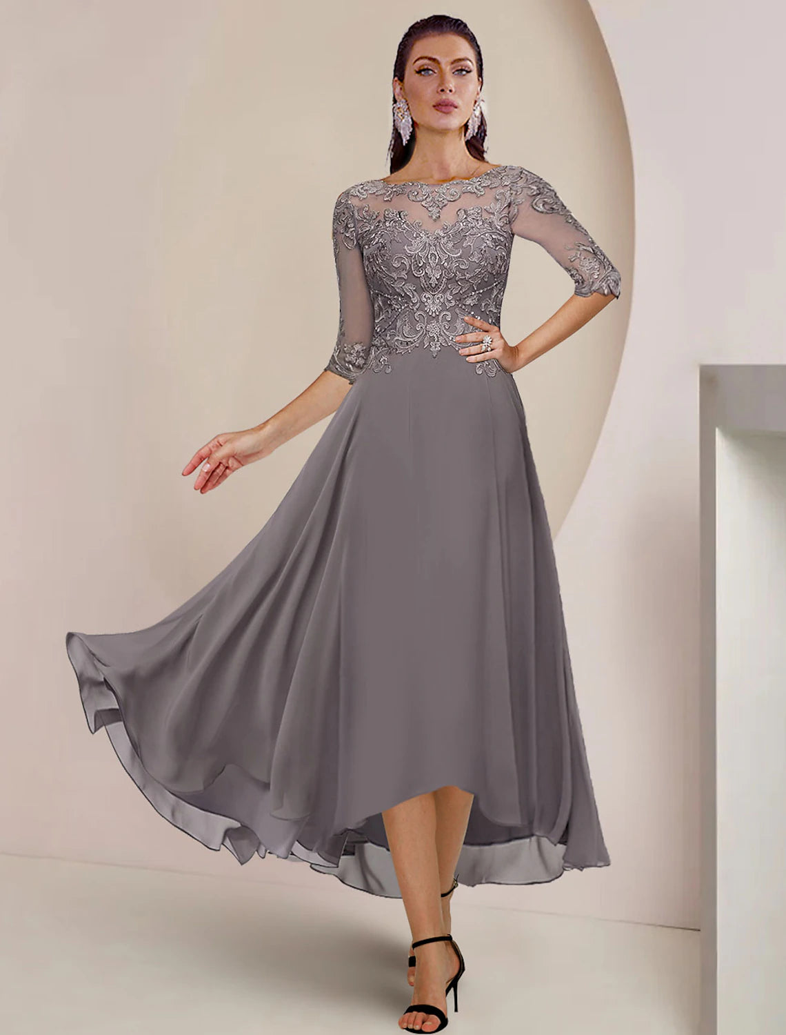 Wholesa A-Line Mother of the Bride Dress Formal Wedding Guest Elegant High Low Scoop Neck Asymmetrical Tea Length Chiffon Lace Half Sleeve with Pleats Appliques