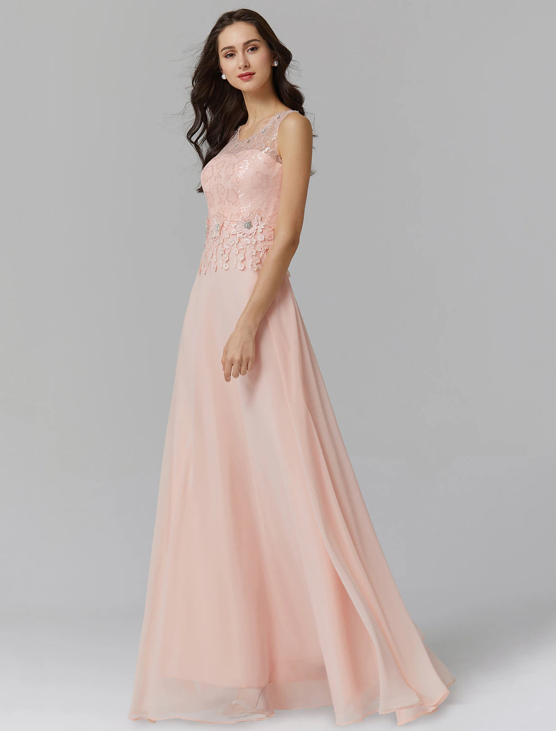 Wholesale A-Line Empire Dress Wedding Guest Floor Length Sleeveless Illusion Neck Chiffon with Beading Appliques