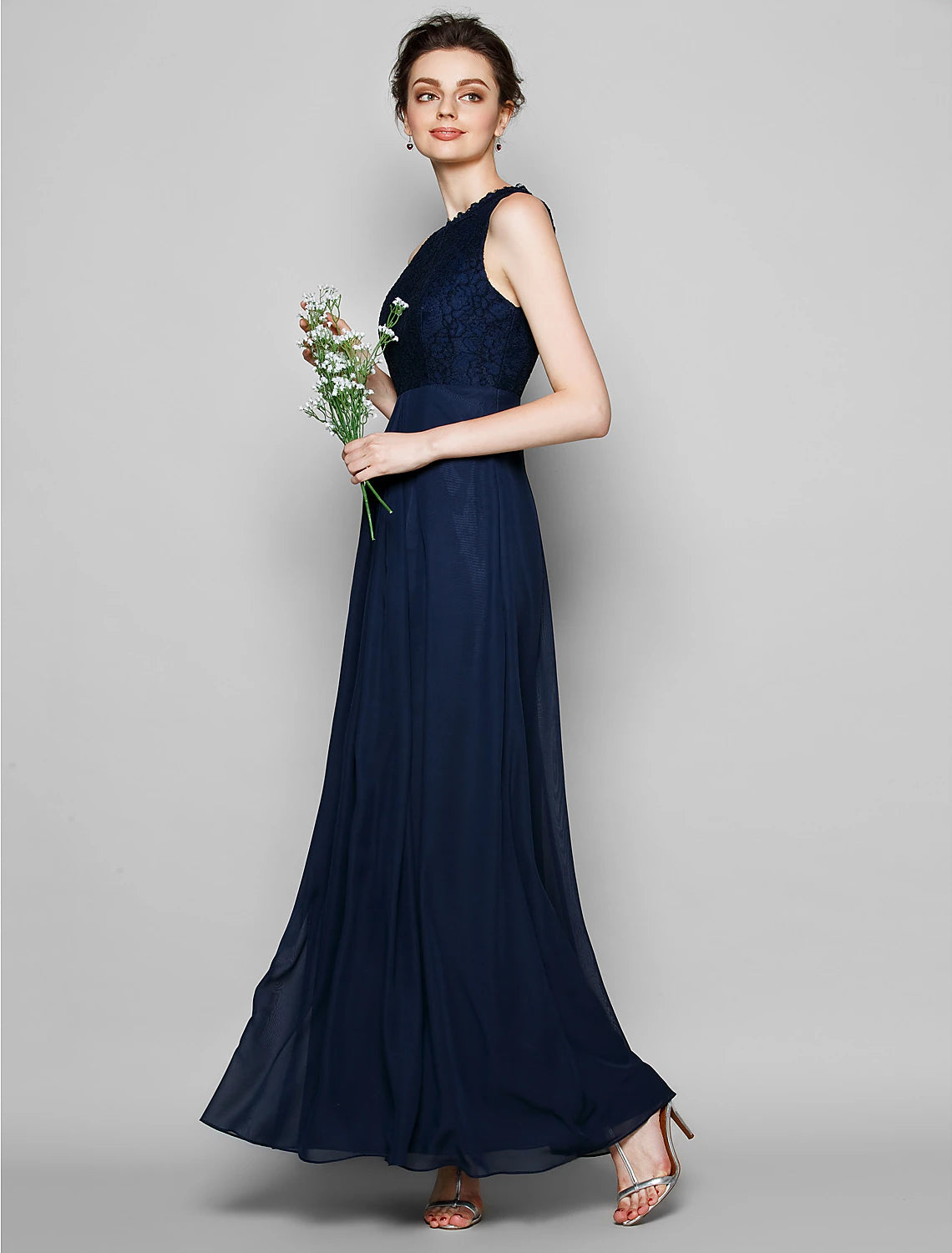 Wholesa Sheath / Column Bridesmaid Dress Jewel Neck Sleeveless Elegant Floor Length Chiffon / Lace with Lace